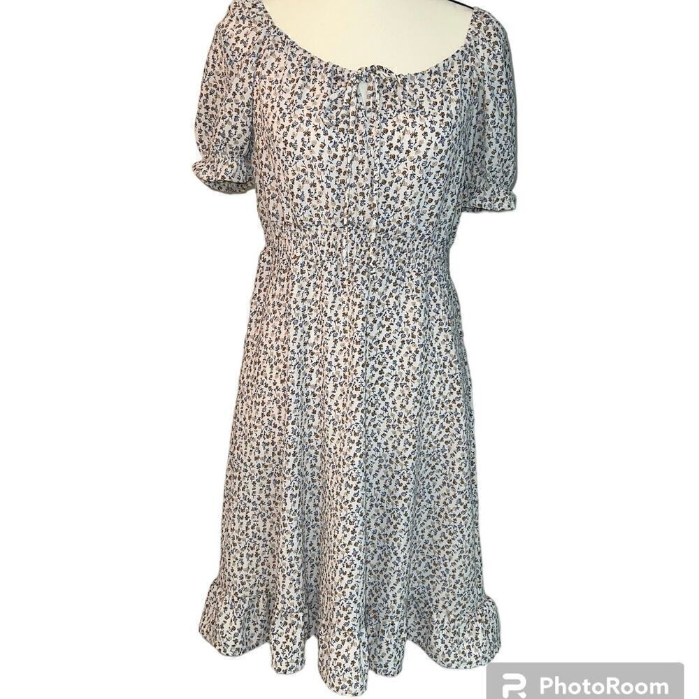 Monteau Los Angeles cCream Floral Crepe Dress Fitted Tie Ruffle Hem Size S NWT